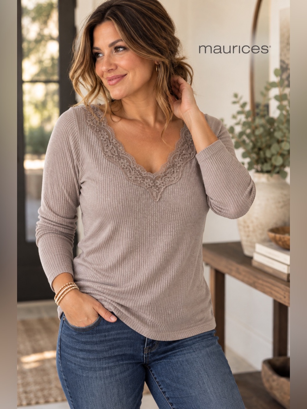 Maurices Taupe Lace Trim Ribbed Top – XXL